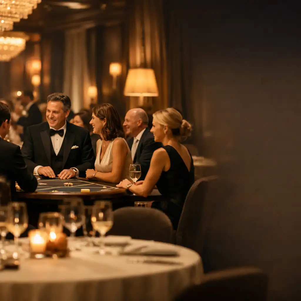 Elegancka sala wieczornego wydarzenia z gośćmi przy nakrytych stołach i ciepłym oświetleniem